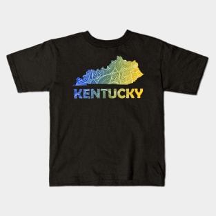 Colorful mandala art map of Kentucky with text in blue and yellow Kids T-Shirt